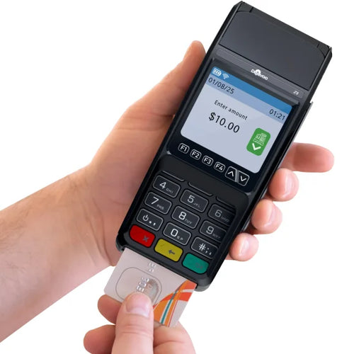 Dejavoo Z8 payment terminal accepting a chip card
