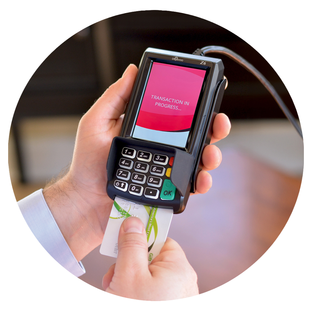 Dejavoo Z6 touchscreen PIN pad processing a card payment