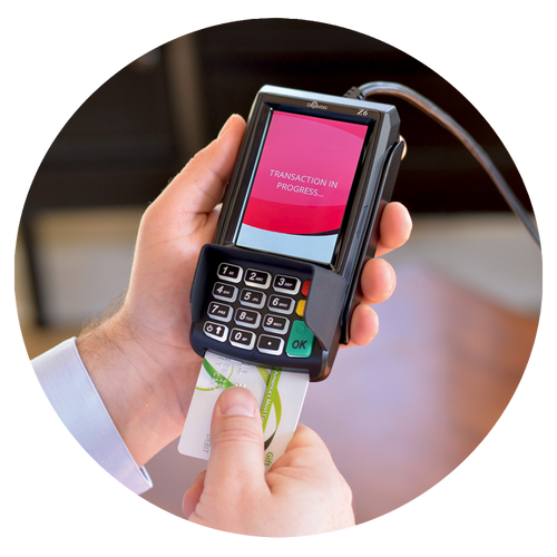 Dejavoo Z6 touchscreen PIN pad processing a card payment